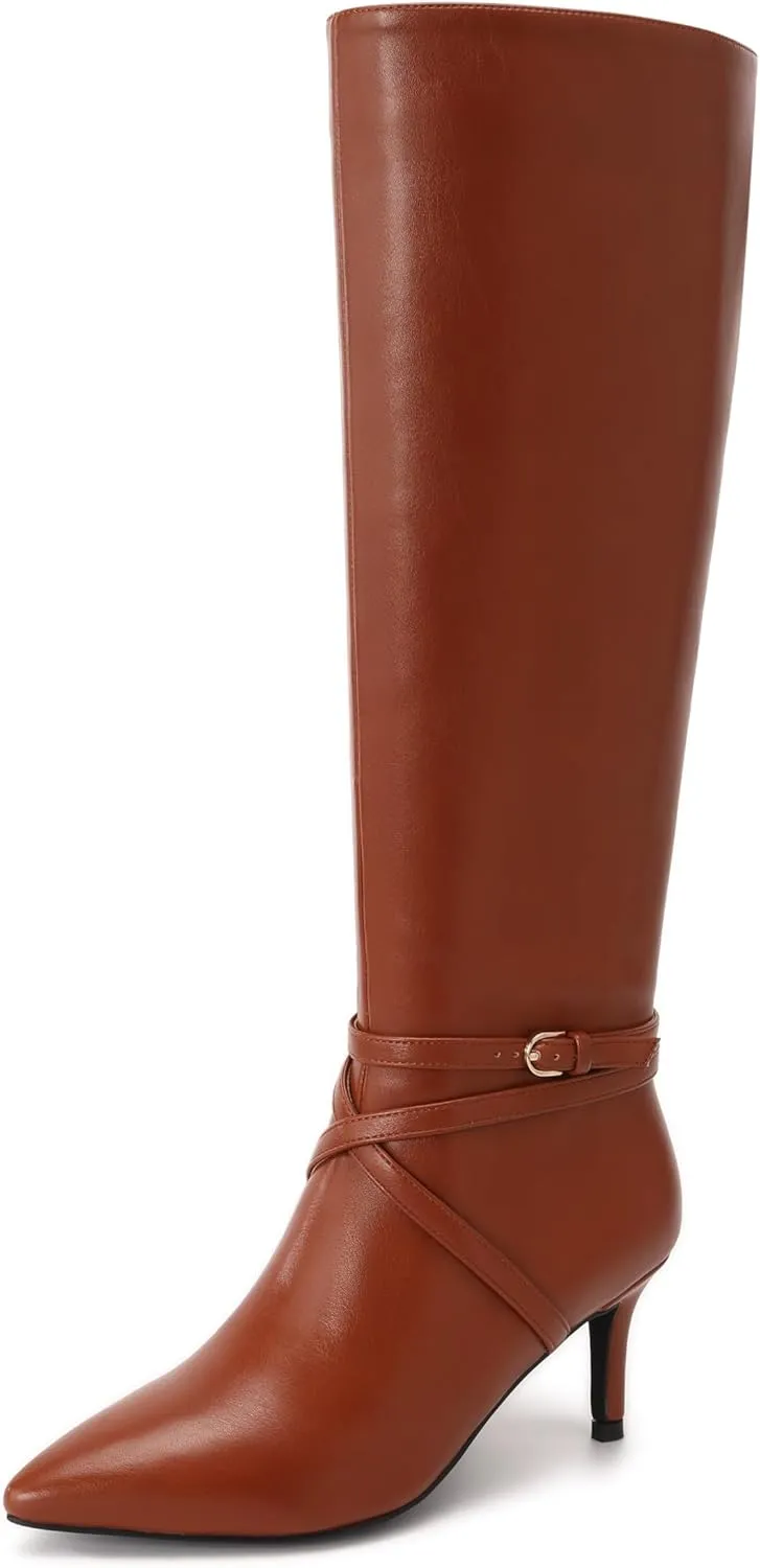 Knee High Boots for Women Strappy legs Stiletto Heel Pointed Toe Side Zipper Soft PU Leather Sexy Dress Long Boots