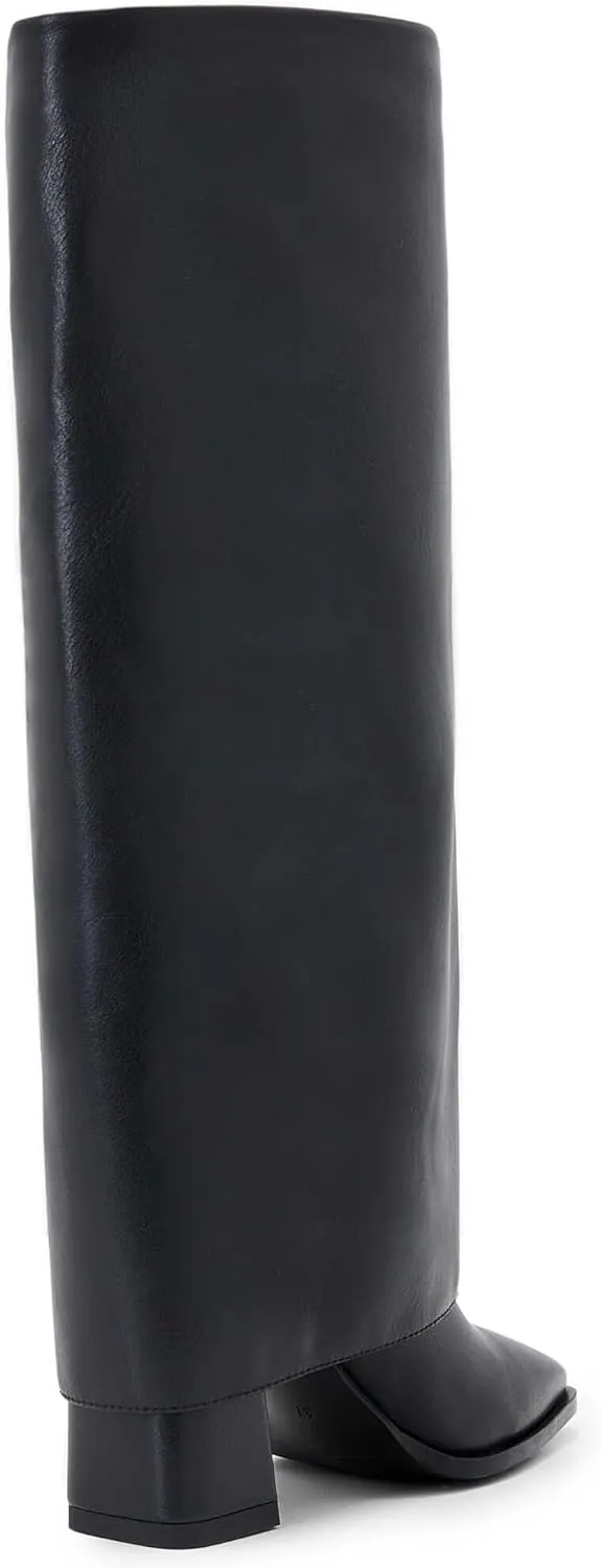 Knee-High Boots for Women - Wide Calf Boots with Zipper, Square Toe Tall Leather Boots, Chunky Heel Fashion Long Boots