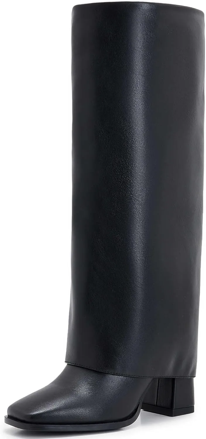 Knee-High Boots for Women - Wide Calf Boots with Zipper, Square Toe Tall Leather Boots, Chunky Heel Fashion Long Boots