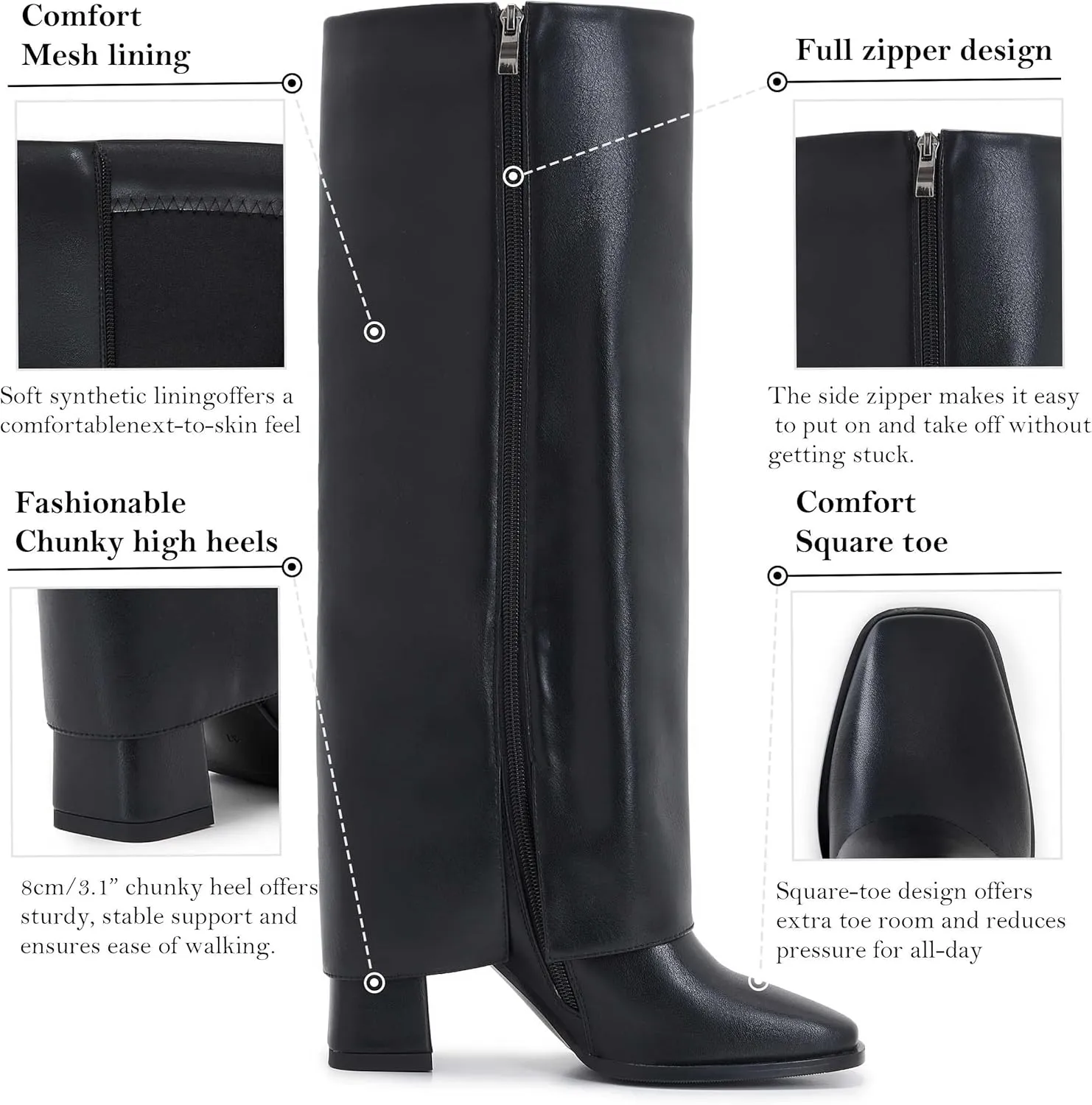 Knee-High Boots for Women - Wide Calf Boots with Zipper, Square Toe Tall Leather Boots, Chunky Heel Fashion Long Boots