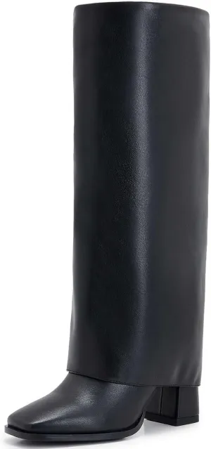 Knee-High Boots for Women - Wide Calf Boots with Zipper, Square Toe Tall Leather Boots, Chunky Heel Fashion Long Boots