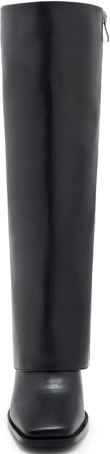 Knee-High Boots for Women - Wide Calf Boots with Zipper, Square Toe Tall Leather Boots, Chunky Heel Fashion Long Boots