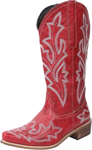 Knee High Cowboy Boots Women Women Cowgirl Boots Fashion Mid Half Pull on Chunky Heels Pointy Toe Embroidered Boots