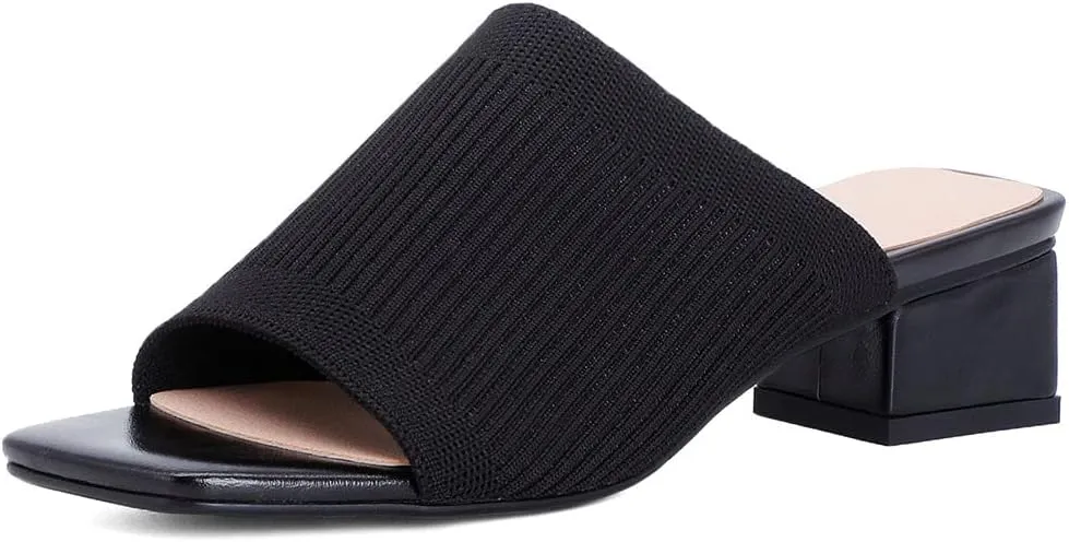 KOKOMOMO Womens Mesh Stretch Knit Square Toe Mules Chunky Heeled Slide Sandals