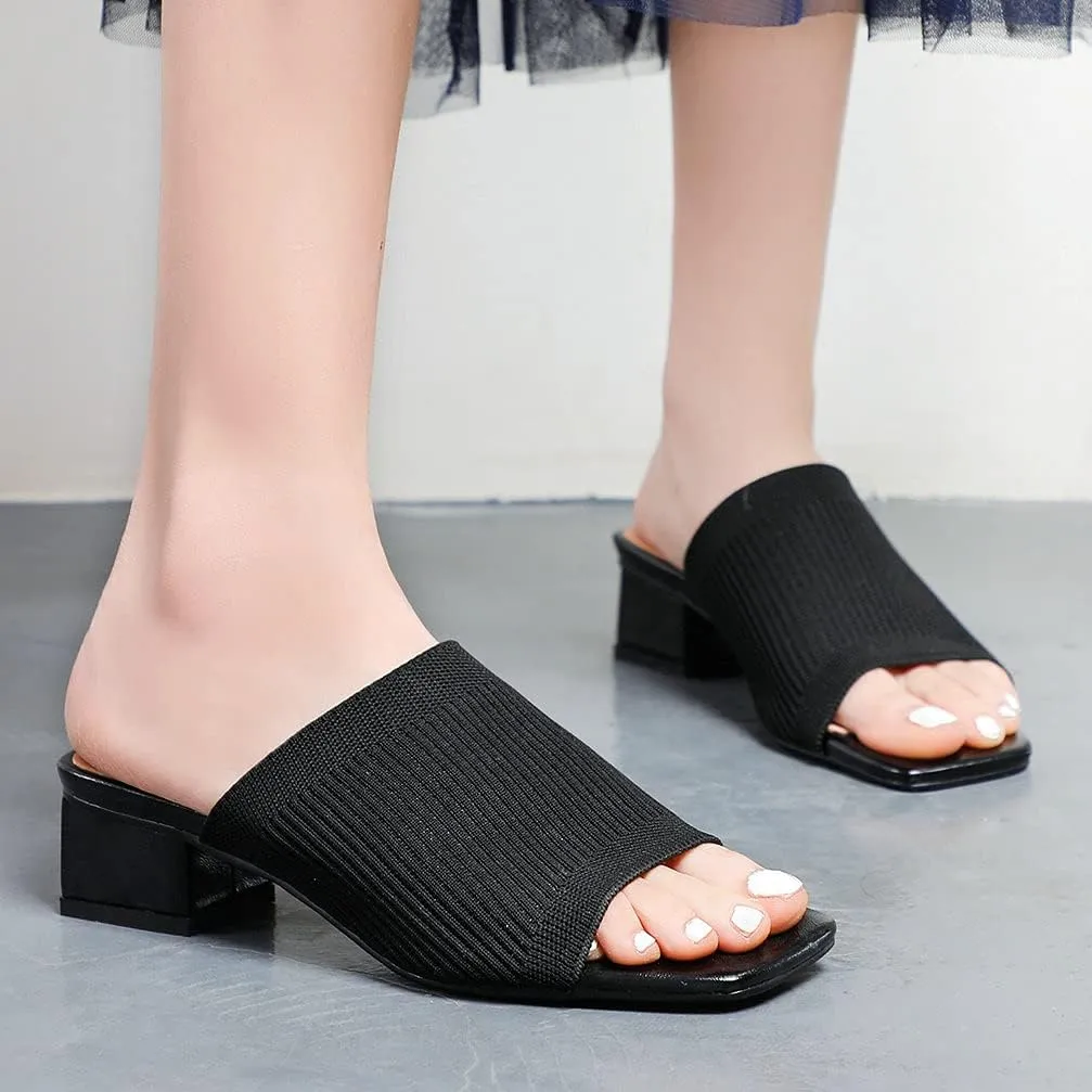 KOKOMOMO Womens Mesh Stretch Knit Square Toe Mules Chunky Heeled Slide Sandals