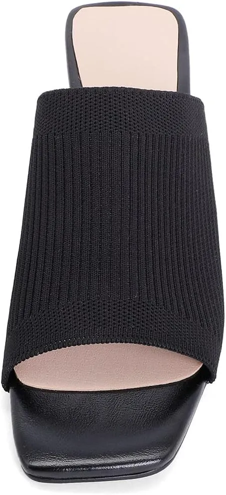 KOKOMOMO Womens Mesh Stretch Knit Square Toe Mules Chunky Heeled Slide Sandals