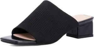 KOKOMOMO Womens Mesh Stretch Knit Square Toe Mules Chunky Heeled Slide Sandals