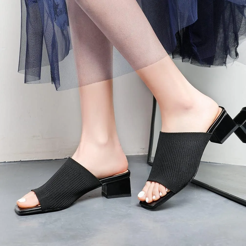 KOKOMOMO Womens Mesh Stretch Knit Square Toe Mules Chunky Heeled Slide Sandals