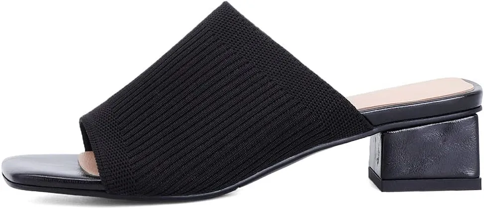 KOKOMOMO Womens Mesh Stretch Knit Square Toe Mules Chunky Heeled Slide Sandals