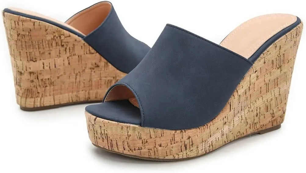 KOKOMOMO Womens Wedges Heels Platform Peep Open Toe Mules Wedge Slide Sandals Summer Beach Shoes