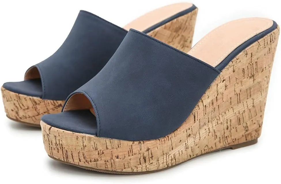 KOKOMOMO Womens Wedges Heels Platform Peep Open Toe Mules Wedge Slide Sandals Summer Beach Shoes