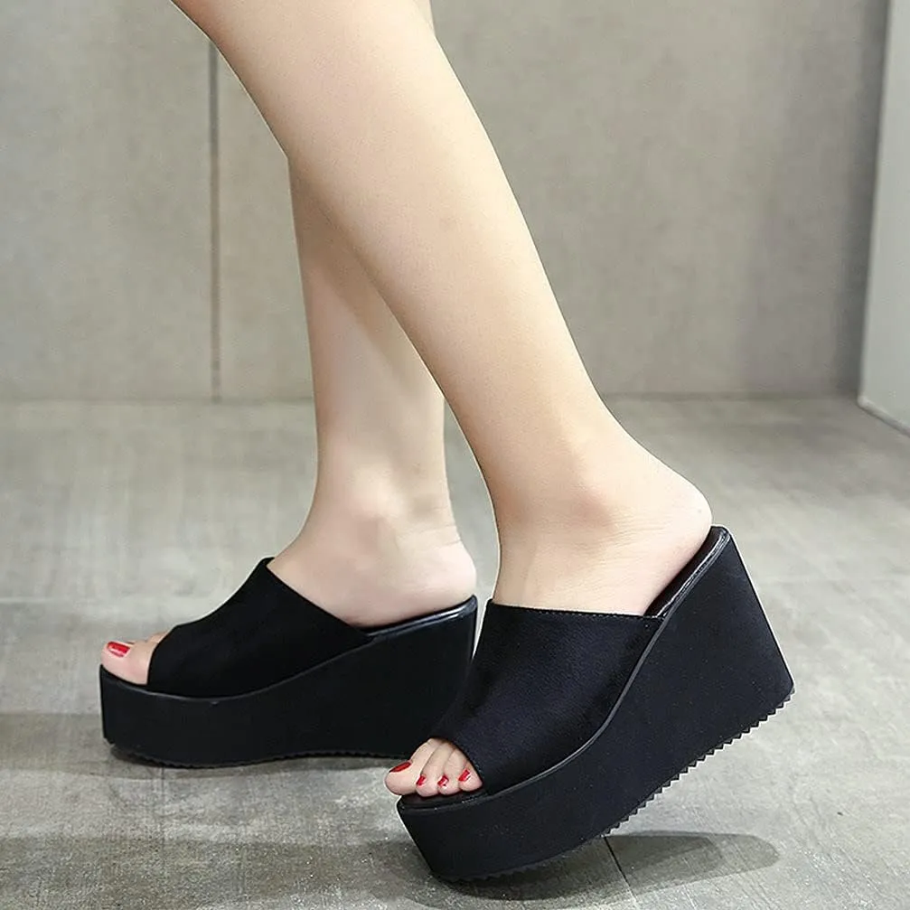KOKOMOMO Womens Wedges Heels Platform Peep Open Toe Mules Wedge Slide Sandals Summer Beach Shoes