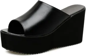 KOKOMOMO Womens Wedges Heels Platform Peep Open Toe Mules Wedge Slide Sandals Summer Beach Shoes