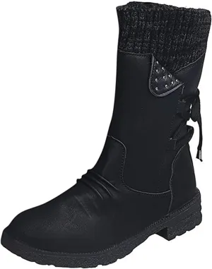 Ladmiple Ankle Boots Women Comfort Mid-calf Combat Military Winter Boot Side Zipper Low Heel Motorcycle Riding Biker Western Booties