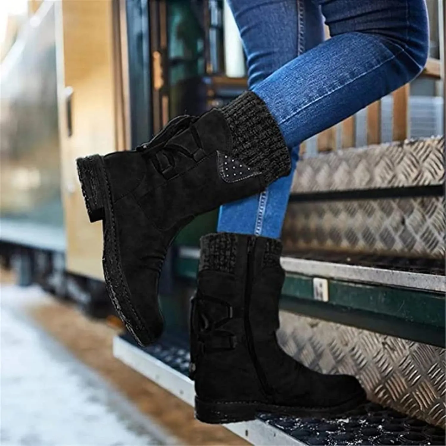 Ladmiple Ankle Boots Women Comfort Mid-calf Combat Military Winter Boot Side Zipper Low Heel Motorcycle Riding Biker Western Booties