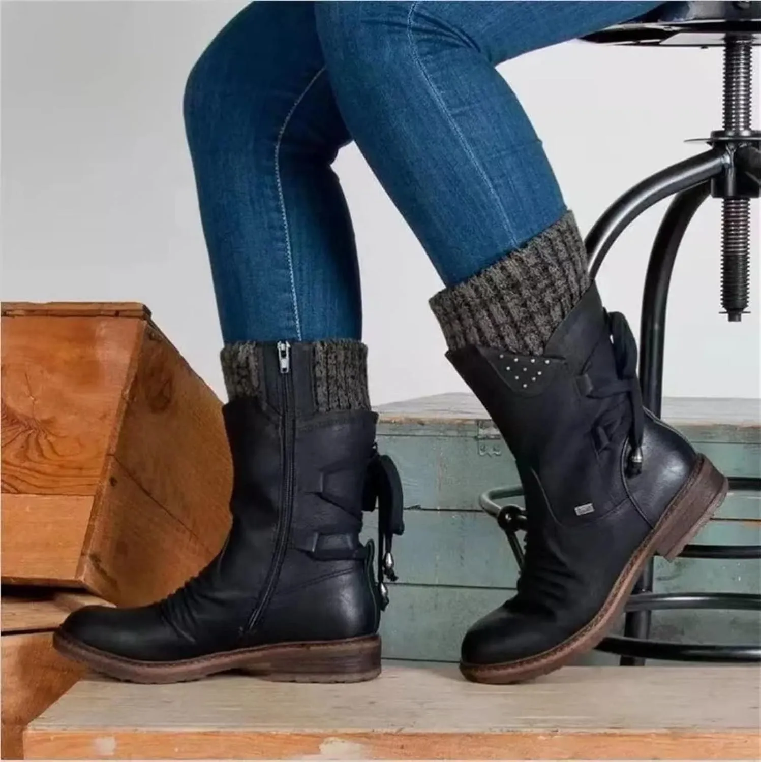 Ladmiple Ankle Boots Women Comfort Mid-calf Combat Military Winter Boot Side Zipper Low Heel Motorcycle Riding Biker Western Booties