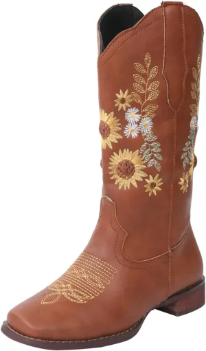 Ladmiple Boots For Women Cowboy Style Wide Calf Sunflower Embroidered Pull On Cowgirl Boots Chunky Heel Western Boots