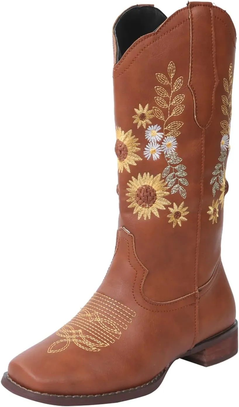 Ladmiple Boots For Women Cowboy Style Wide Calf Sunflower Embroidered Pull On Cowgirl Boots Chunky Heel Western Boots