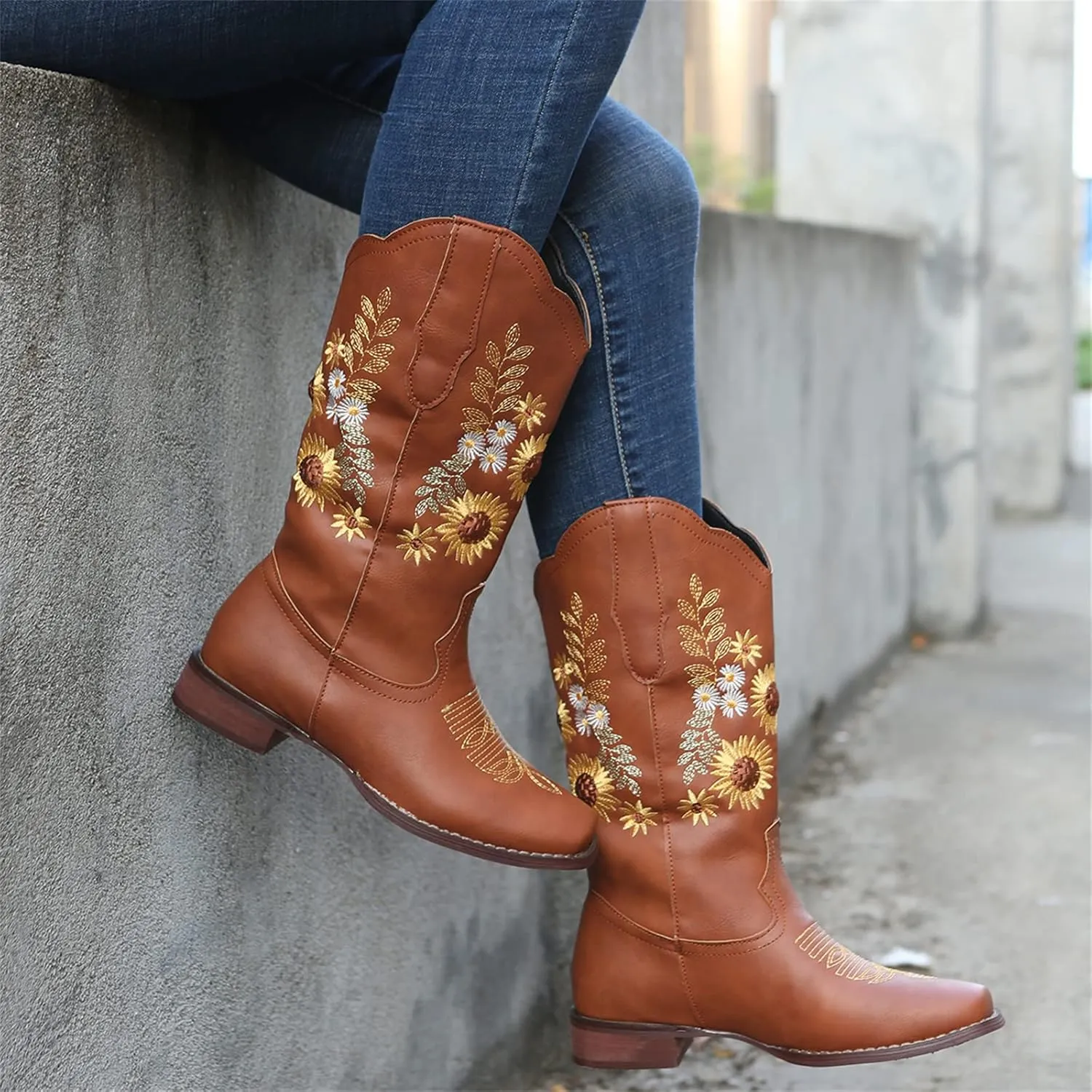 Ladmiple Boots For Women Cowboy Style Wide Calf Sunflower Embroidered Pull On Cowgirl Boots Chunky Heel Western Boots
