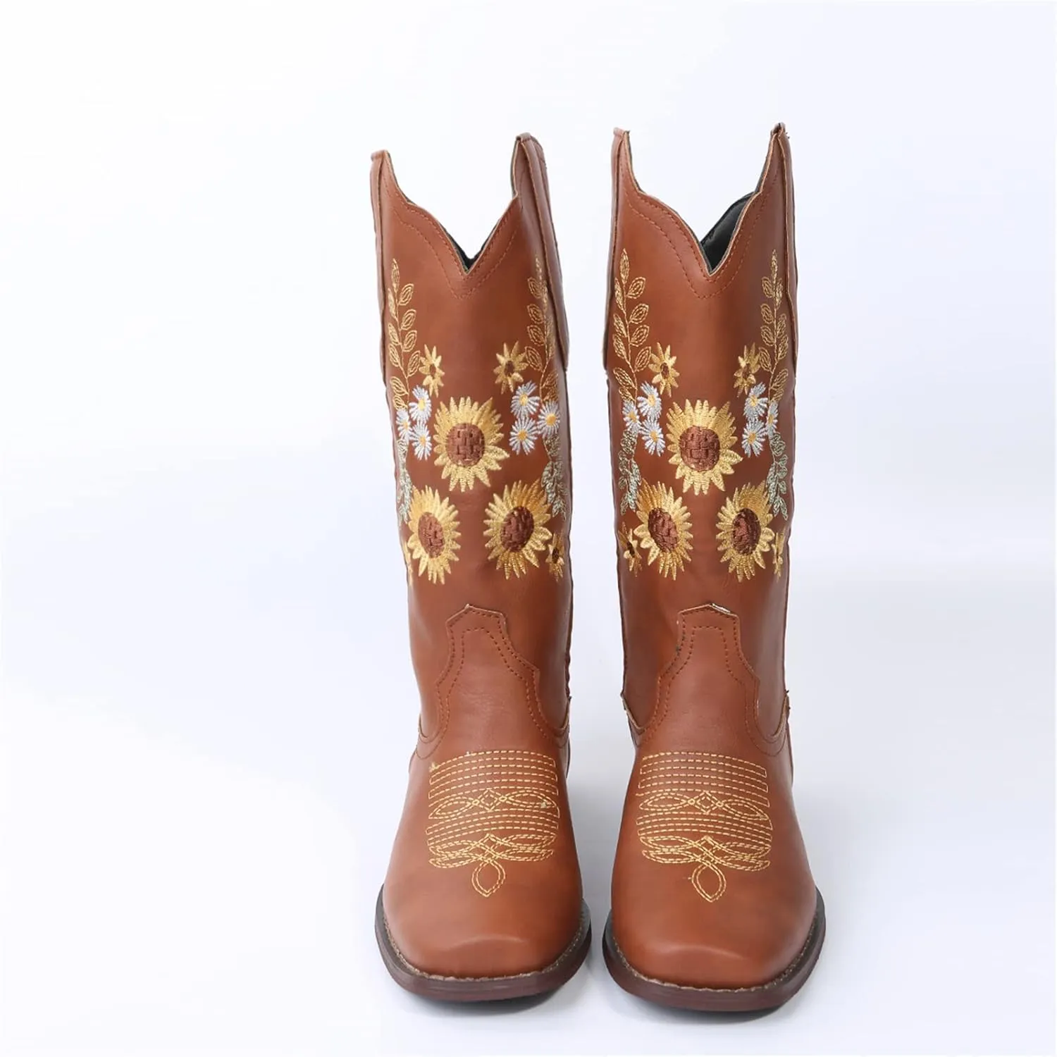 Ladmiple Boots For Women Cowboy Style Wide Calf Sunflower Embroidered Pull On Cowgirl Boots Chunky Heel Western Boots