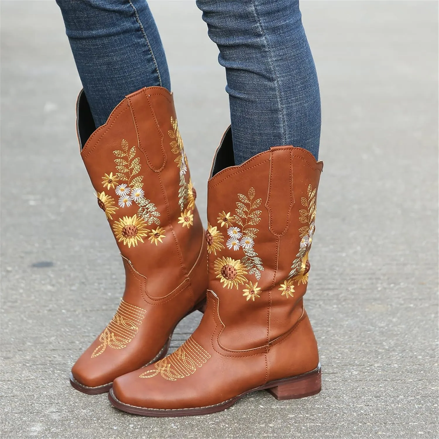 Ladmiple Boots For Women Cowboy Style Wide Calf Sunflower Embroidered Pull On Cowgirl Boots Chunky Heel Western Boots