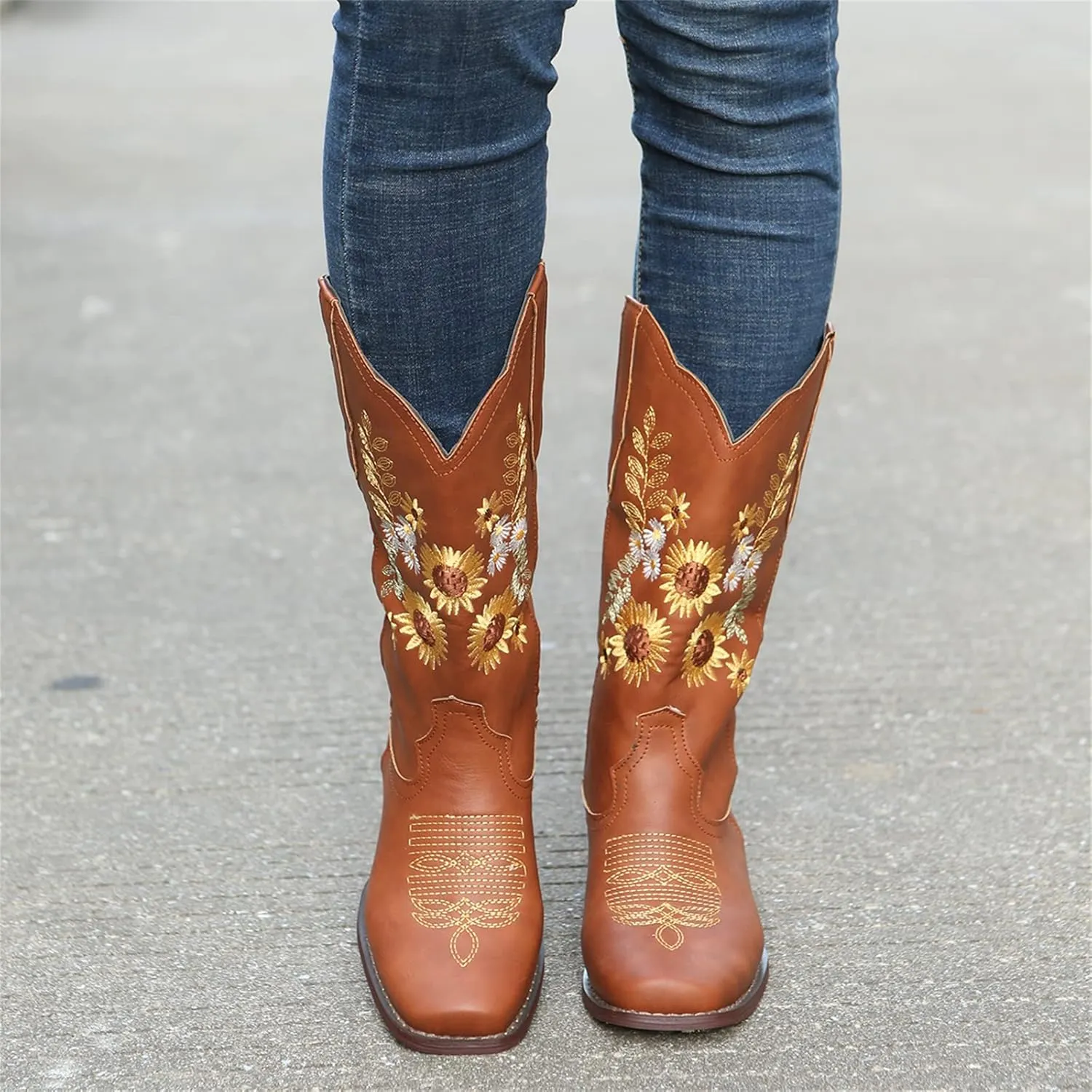 Ladmiple Boots For Women Cowboy Style Wide Calf Sunflower Embroidered Pull On Cowgirl Boots Chunky Heel Western Boots