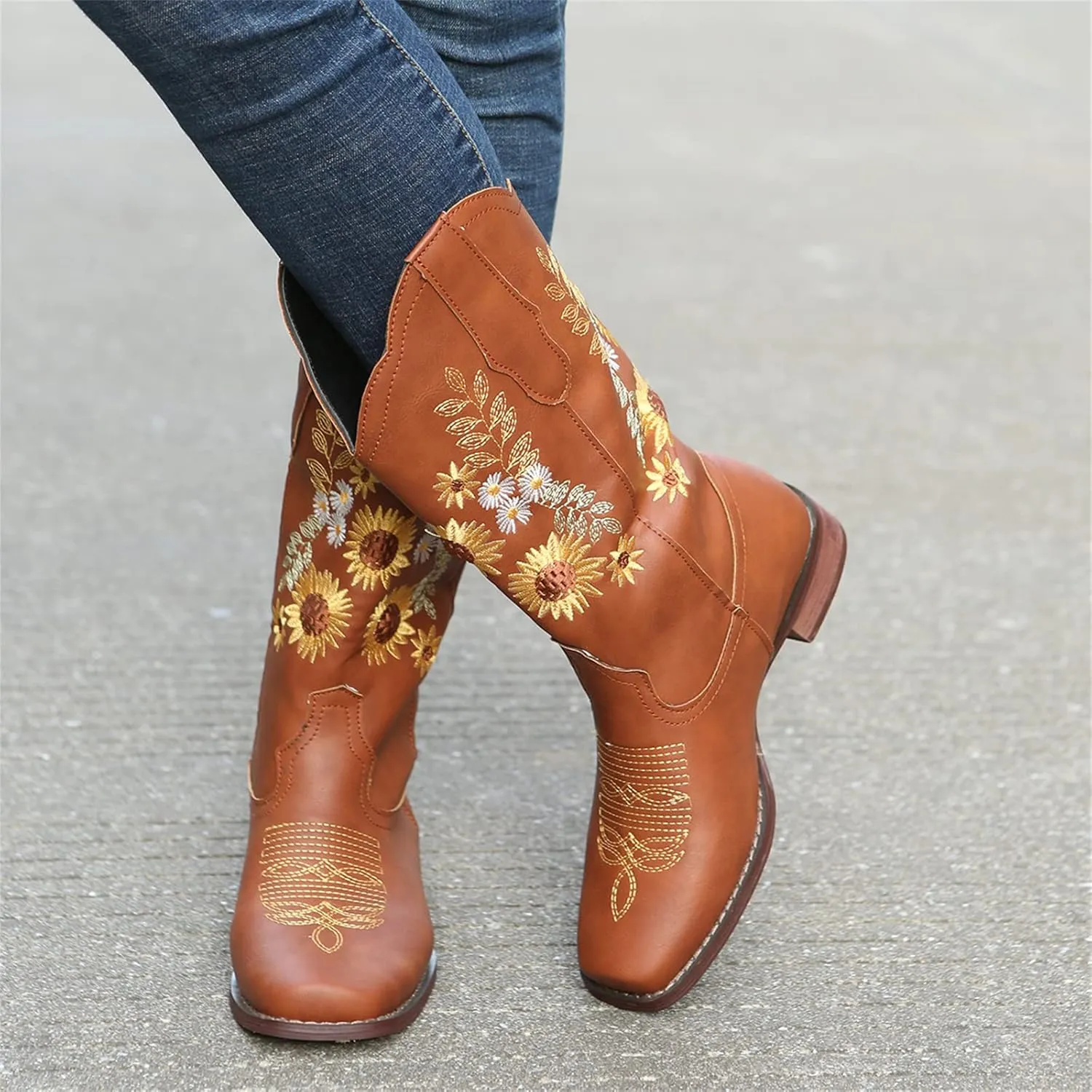 Ladmiple Boots For Women Cowboy Style Wide Calf Sunflower Embroidered Pull On Cowgirl Boots Chunky Heel Western Boots