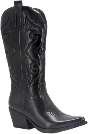 Ladmiple Cowboy Boots For Women Knee High Wide Calf Cowgirl Embroidered Western Chunky Heel Stitching Pull On Boots