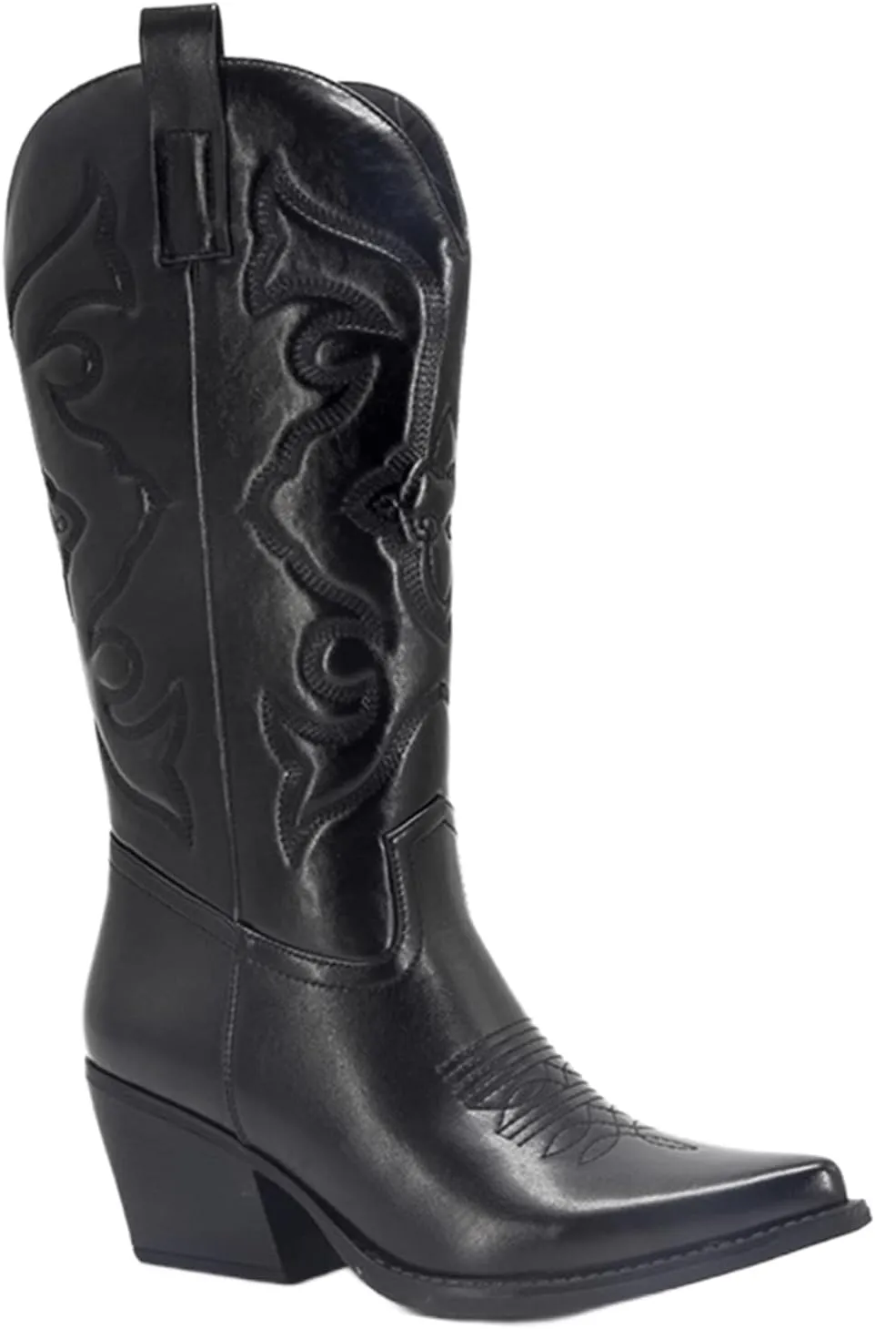 Ladmiple Cowboy Boots For Women Knee High Wide Calf Cowgirl Embroidered Western Chunky Heel Stitching Pull On Boots
