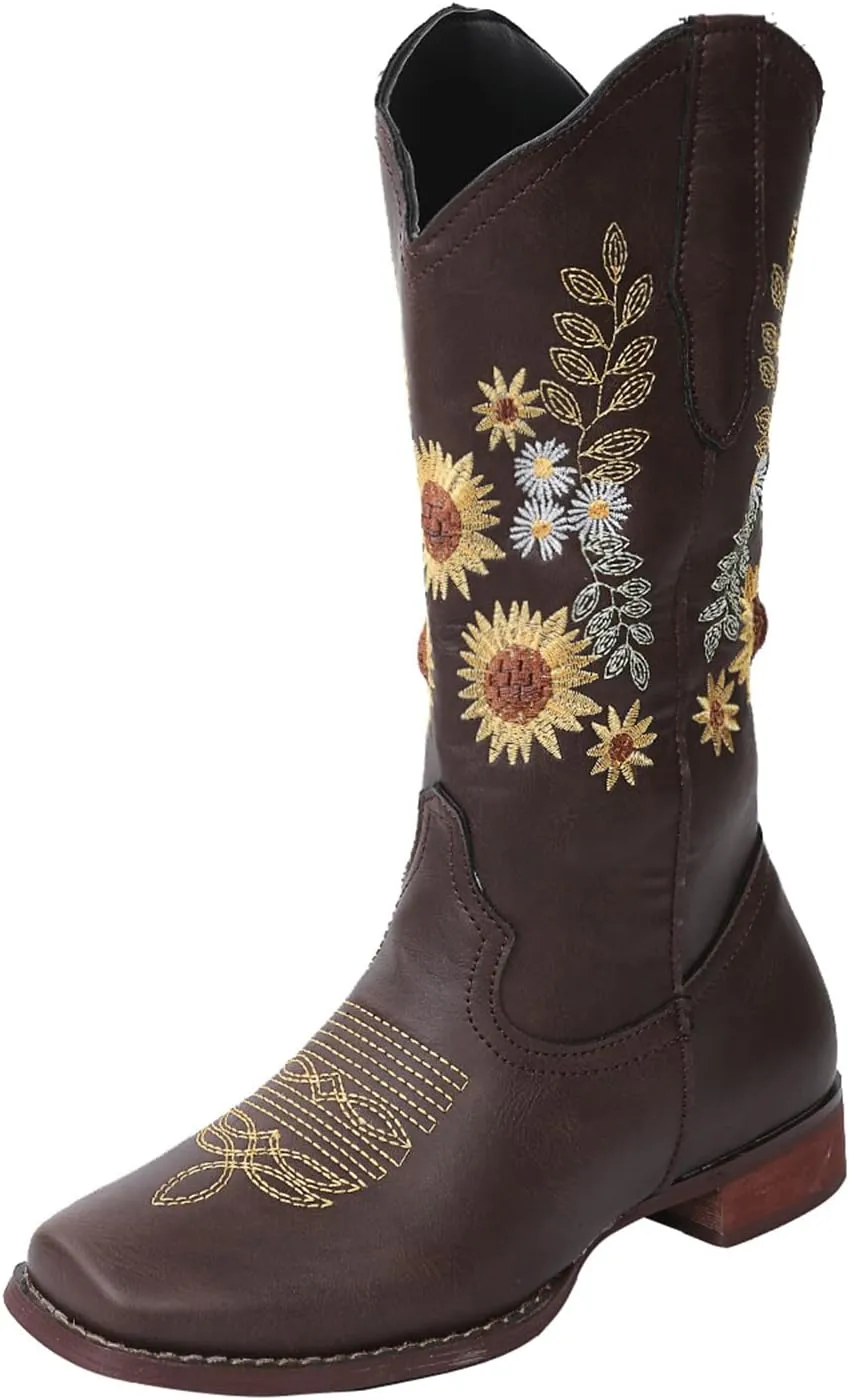 Ladmiple Cowboy Boots For Women Mid Calf Cowgirl Western Boots Sunflower Embroidery Boots for Ladies, Party and Outdoor