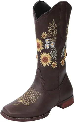 Ladmiple Cowboy Boots For Women Mid Calf Cowgirl Western Boots Sunflower Embroidery Boots for Ladies, Party and Outdoor