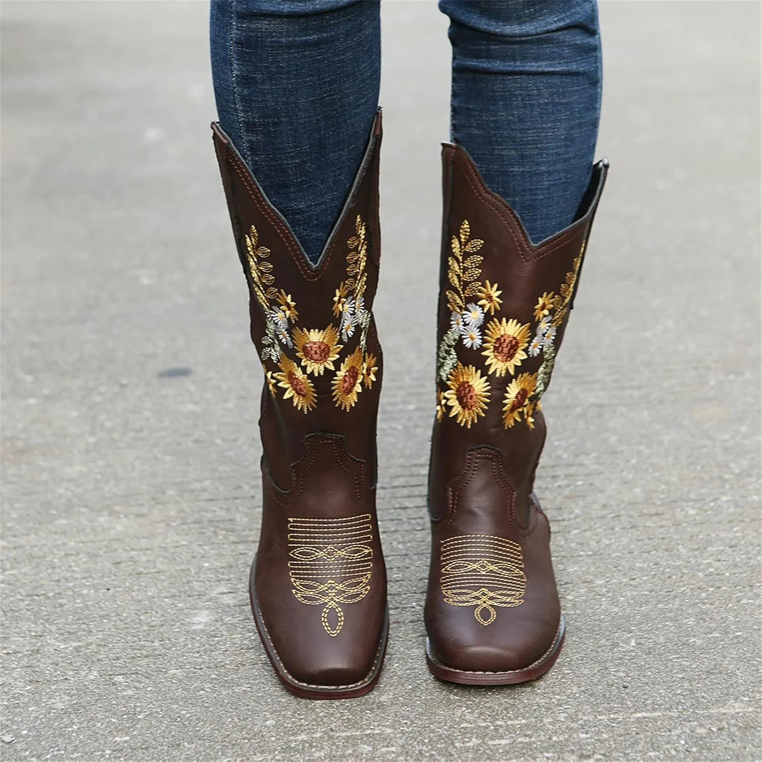 Ladmiple Cowboy Boots For Women Mid Calf Cowgirl Western Boots Sunflower Embroidery Boots for Ladies, Party and Outdoor