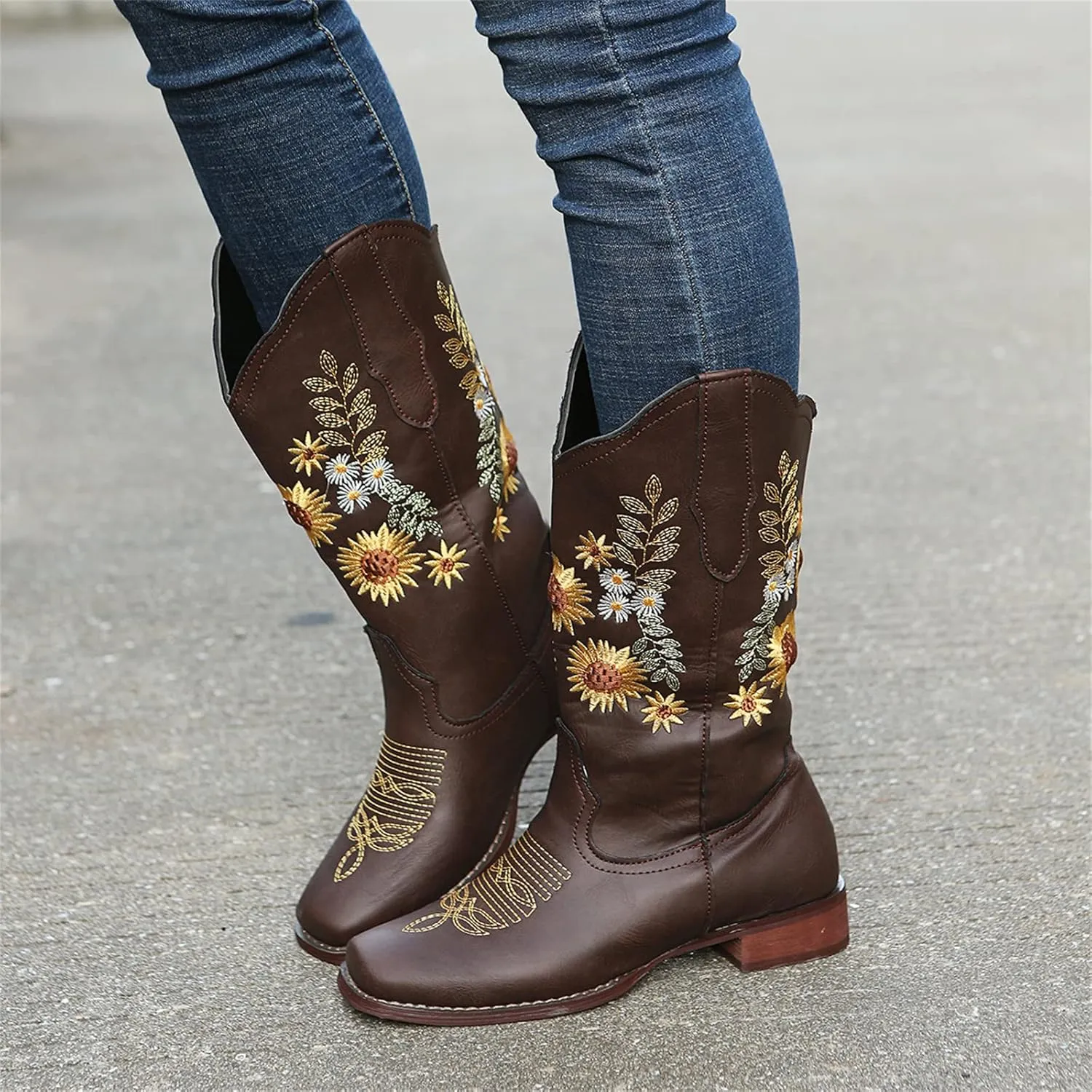 Ladmiple Cowboy Boots For Women Mid Calf Cowgirl Western Boots Sunflower Embroidery Boots for Ladies, Party and Outdoor