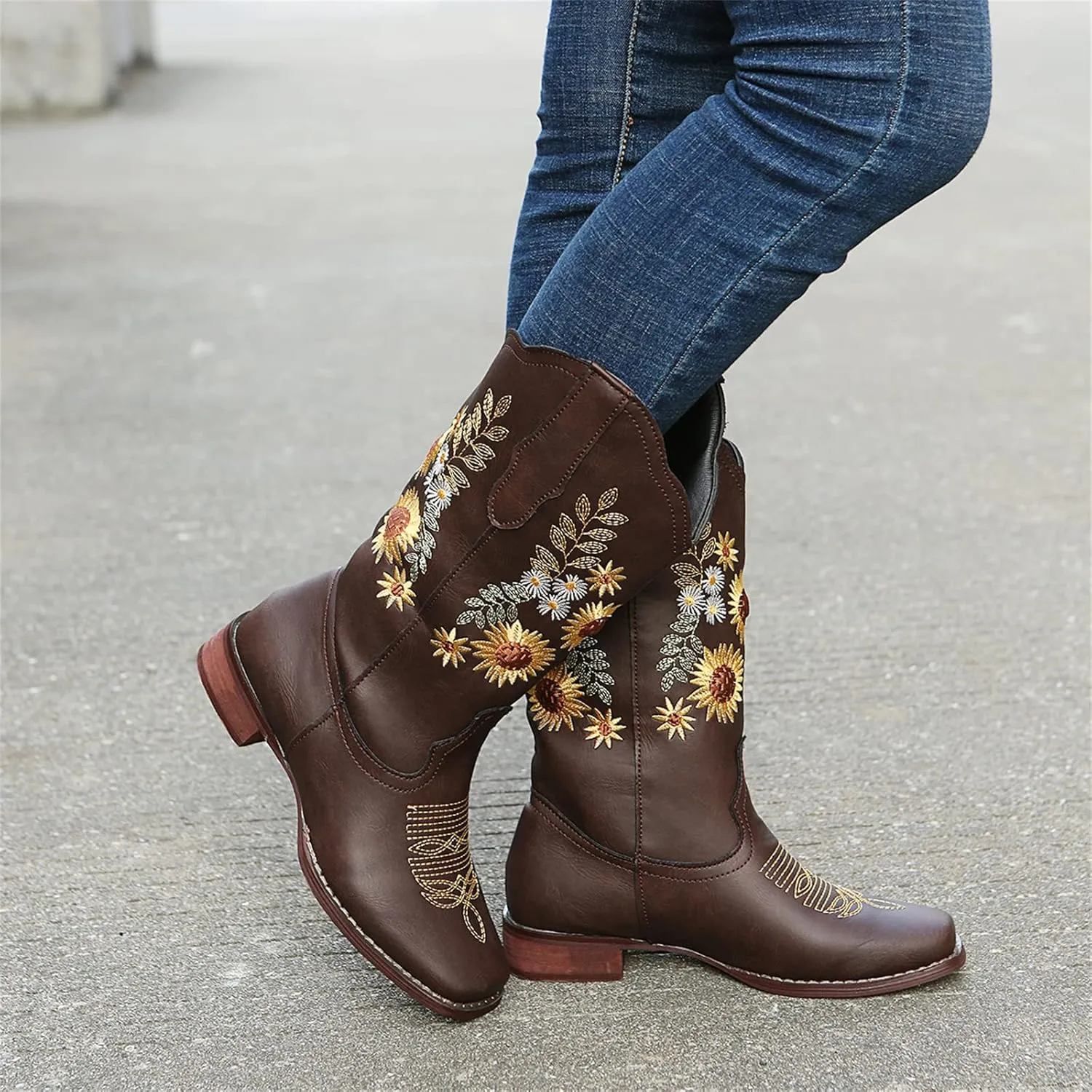 Ladmiple Cowboy Boots For Women Mid Calf Cowgirl Western Boots Sunflower Embroidery Boots for Ladies, Party and Outdoor