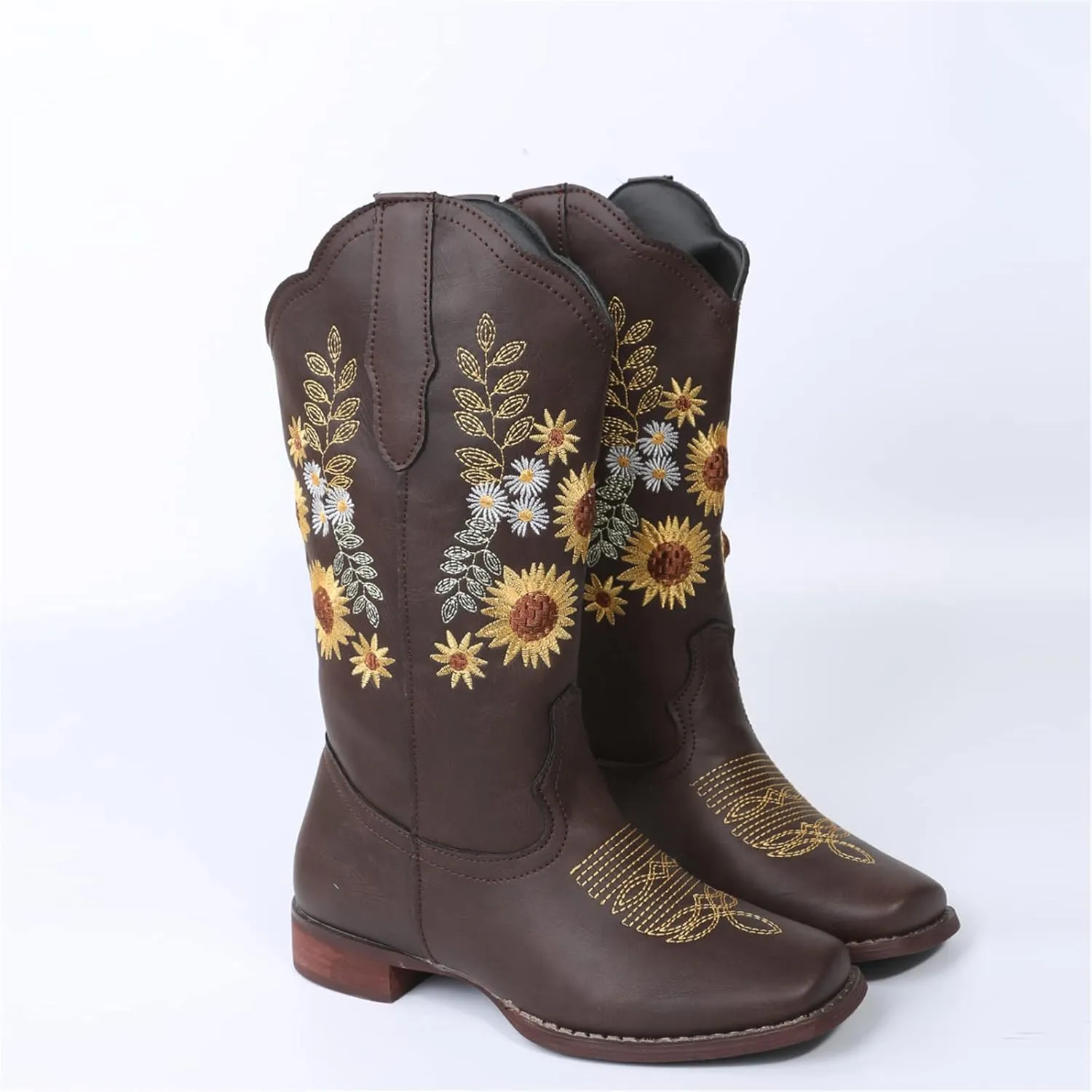 Ladmiple Cowboy Boots For Women Mid Calf Cowgirl Western Boots Sunflower Embroidery Boots for Ladies, Party and Outdoor