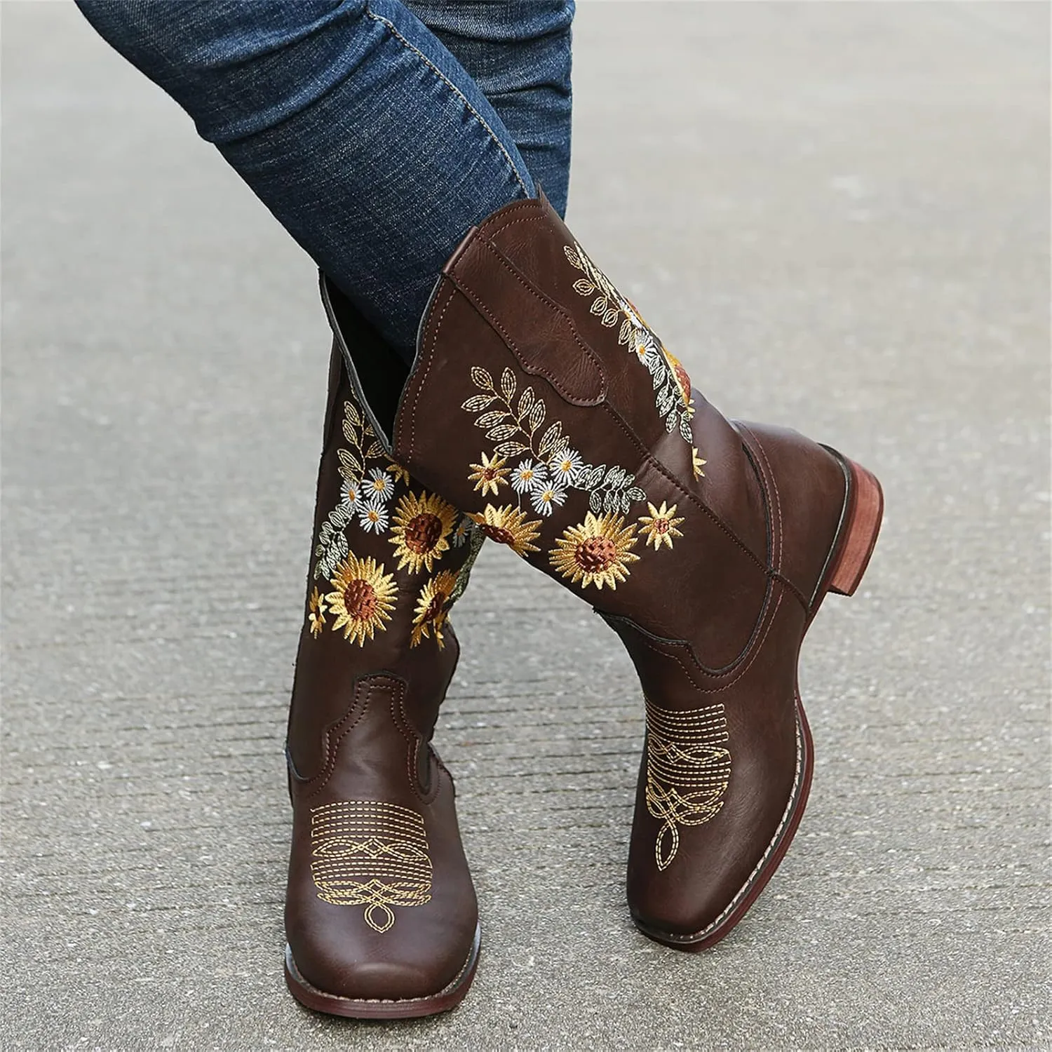 Ladmiple Cowboy Boots For Women Mid Calf Cowgirl Western Boots Sunflower Embroidery Boots for Ladies, Party and Outdoor