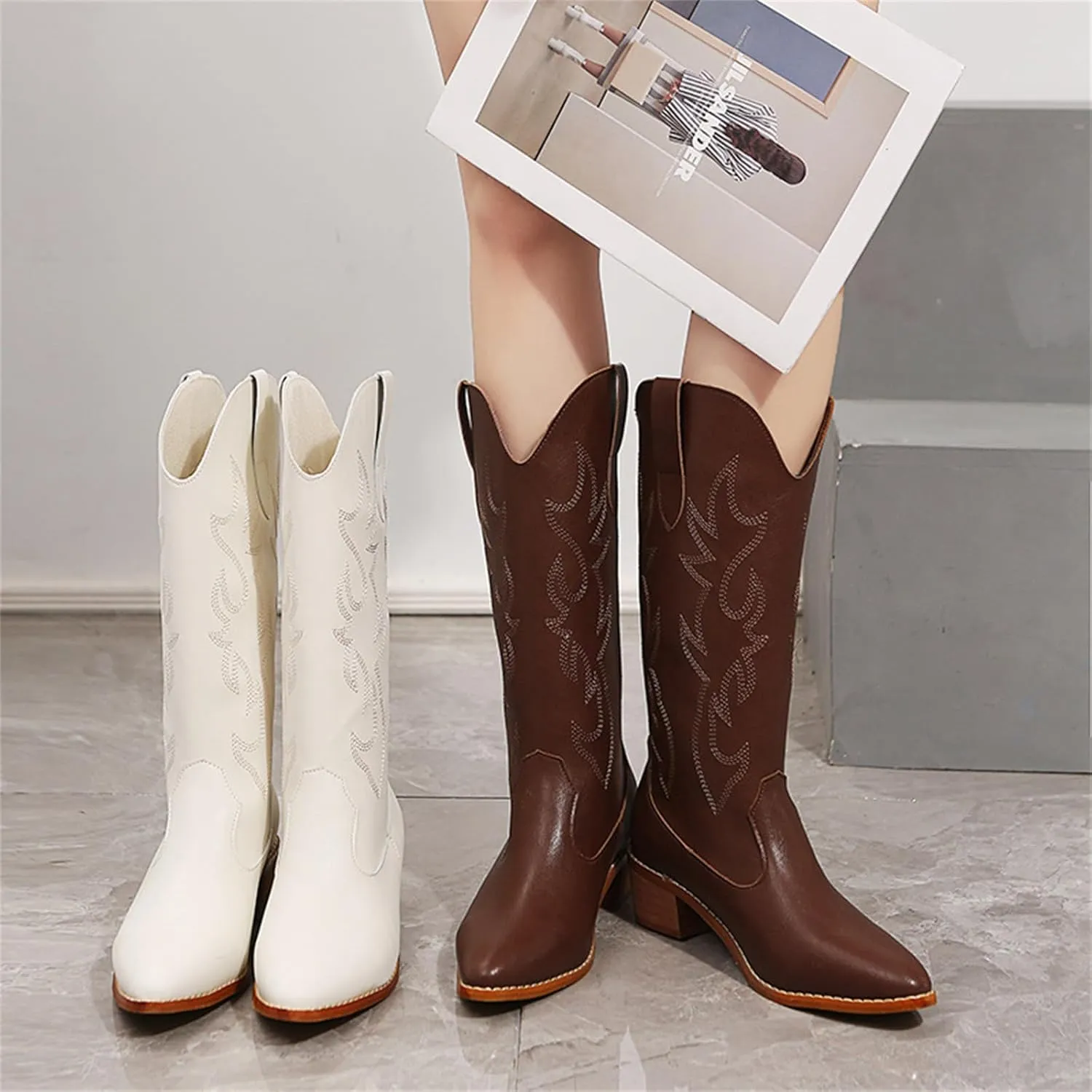 Ladmiple Cowgirl Boots Women Knee High Embroidered Western Boots Chunky Heel Stitching Pull On Cowboy Boots for Ladies