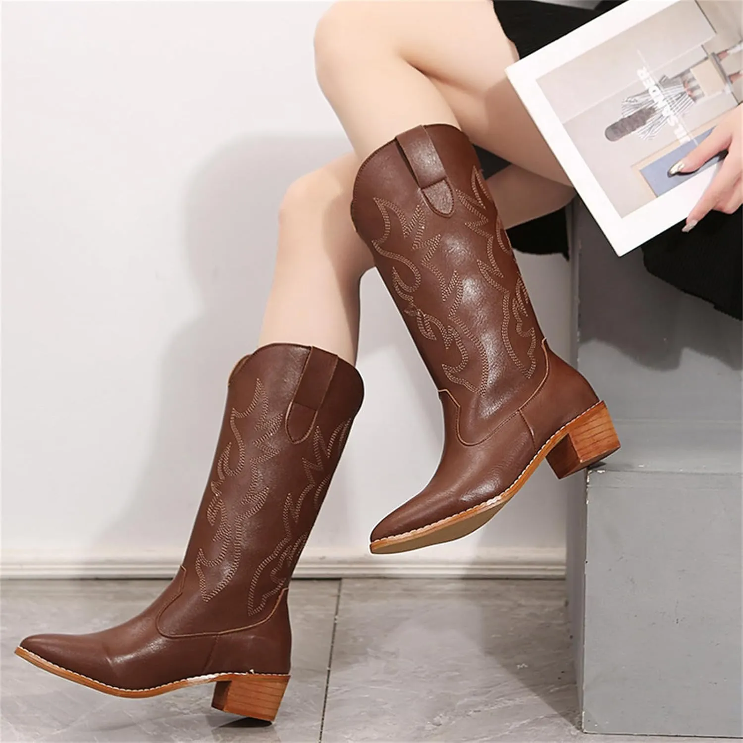 Ladmiple Cowgirl Boots Women Knee High Embroidered Western Boots Chunky Heel Stitching Pull On Cowboy Boots for Ladies