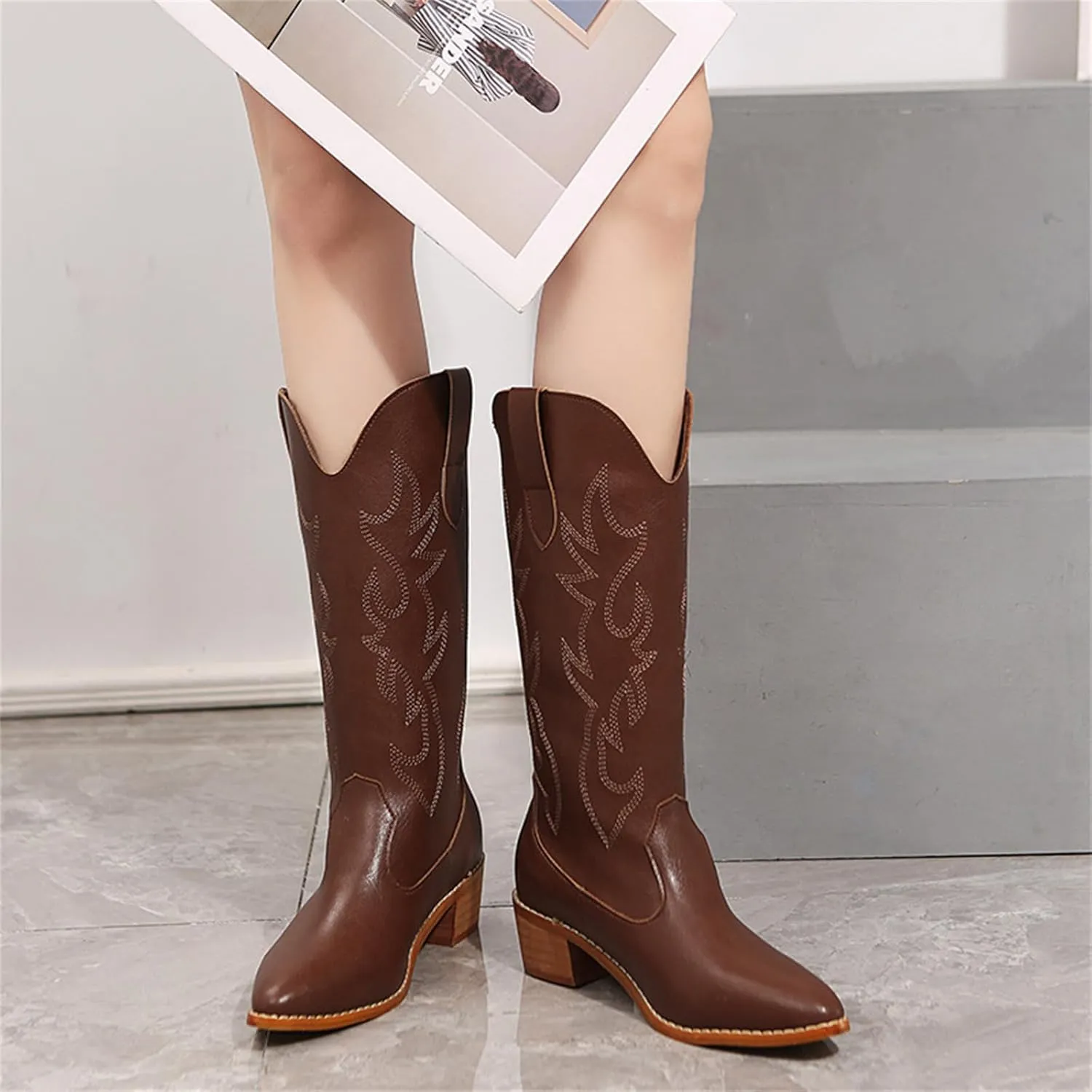 Ladmiple Cowgirl Boots Women Knee High Embroidered Western Boots Chunky Heel Stitching Pull On Cowboy Boots for Ladies