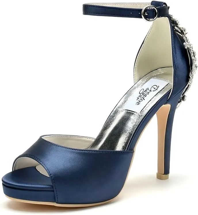 Lady Satin Dress Platform High Heels Wedding Sandals Crystal Back with Free Earrings
