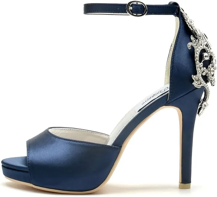 Lady Satin Dress Platform High Heels Wedding Sandals Crystal Back with Free Earrings