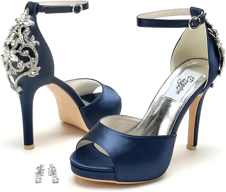 Lady Satin Dress Platform High Heels Wedding Sandals Crystal Back with Free Earrings