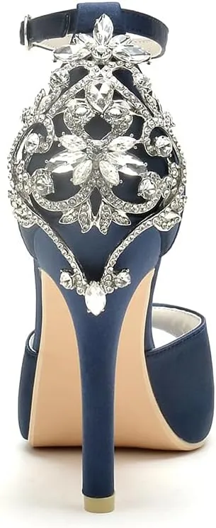 Lady Satin Dress Platform High Heels Wedding Sandals Crystal Back with Free Earrings