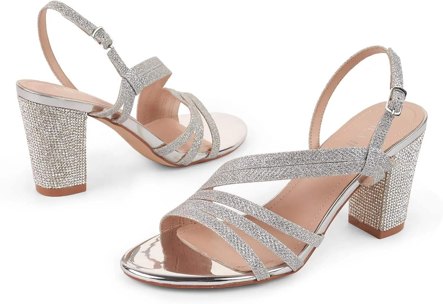 LALA IKAI Women's Strappy Slingback Chunky Heels Open Toe Rhinestones Sandals Fashion Dress Shoes
