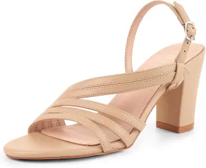 LALA IKAI Women's Strappy Slingback Chunky Heels Open Toe Rhinestones Sandals Fashion Dress Shoes