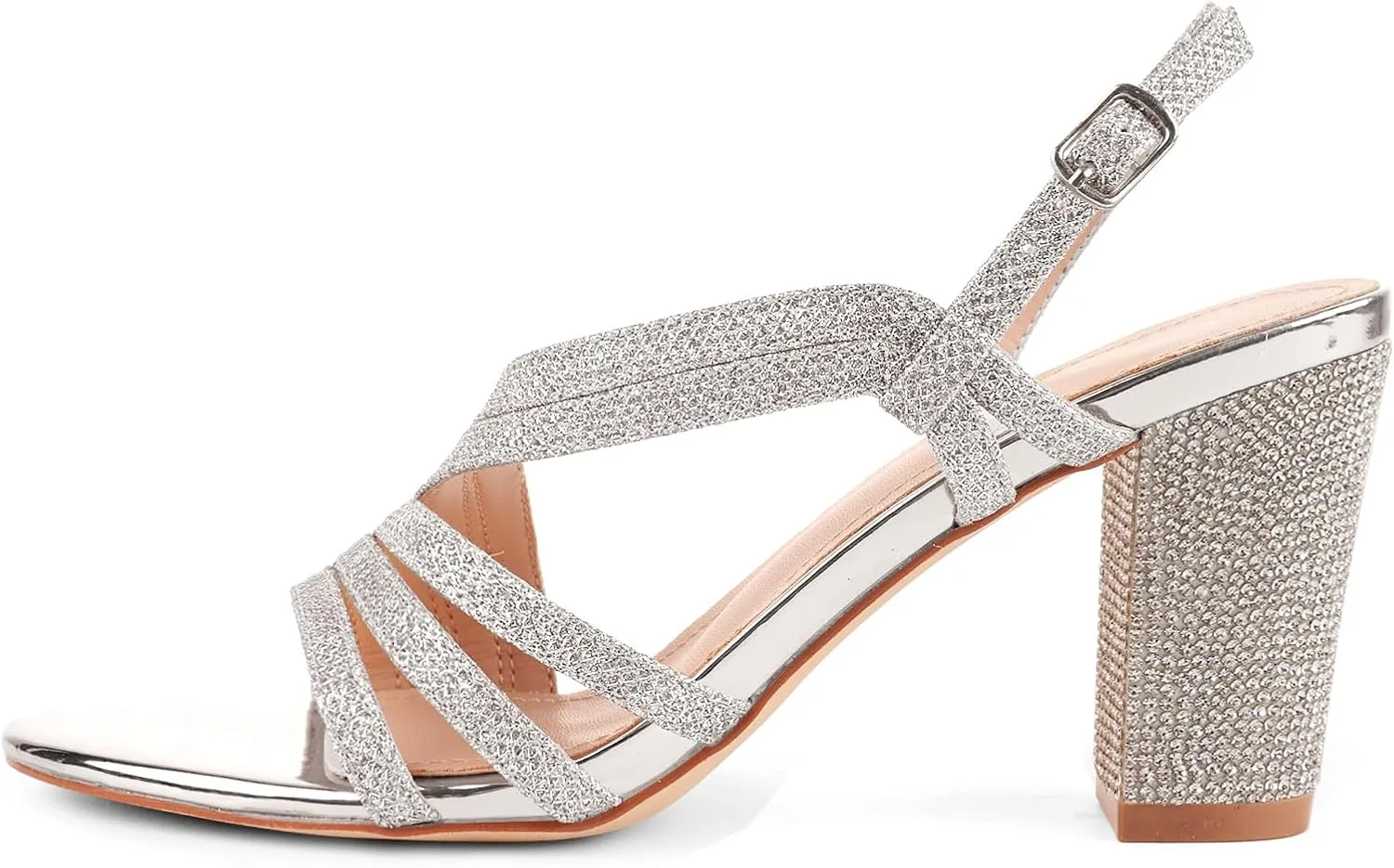 LALA IKAI Women's Strappy Slingback Chunky Heels Open Toe Rhinestones Sandals Fashion Dress Shoes