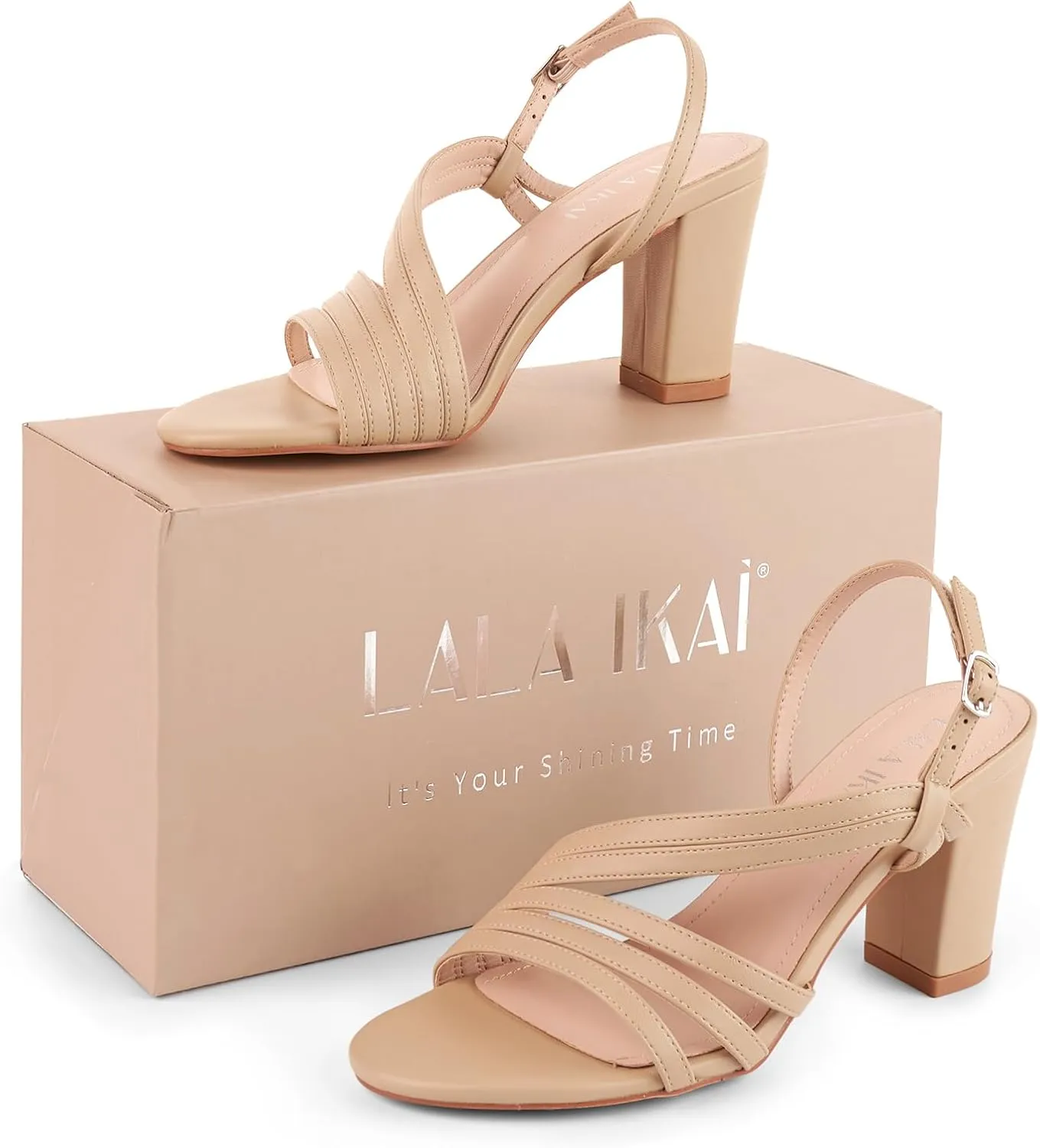 LALA IKAI Women's Strappy Slingback Chunky Heels Open Toe Rhinestones Sandals Fashion Dress Shoes