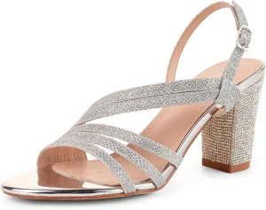 LALA IKAI Women's Strappy Slingback Chunky Heels Open Toe Rhinestones Sandals Fashion Dress Shoes