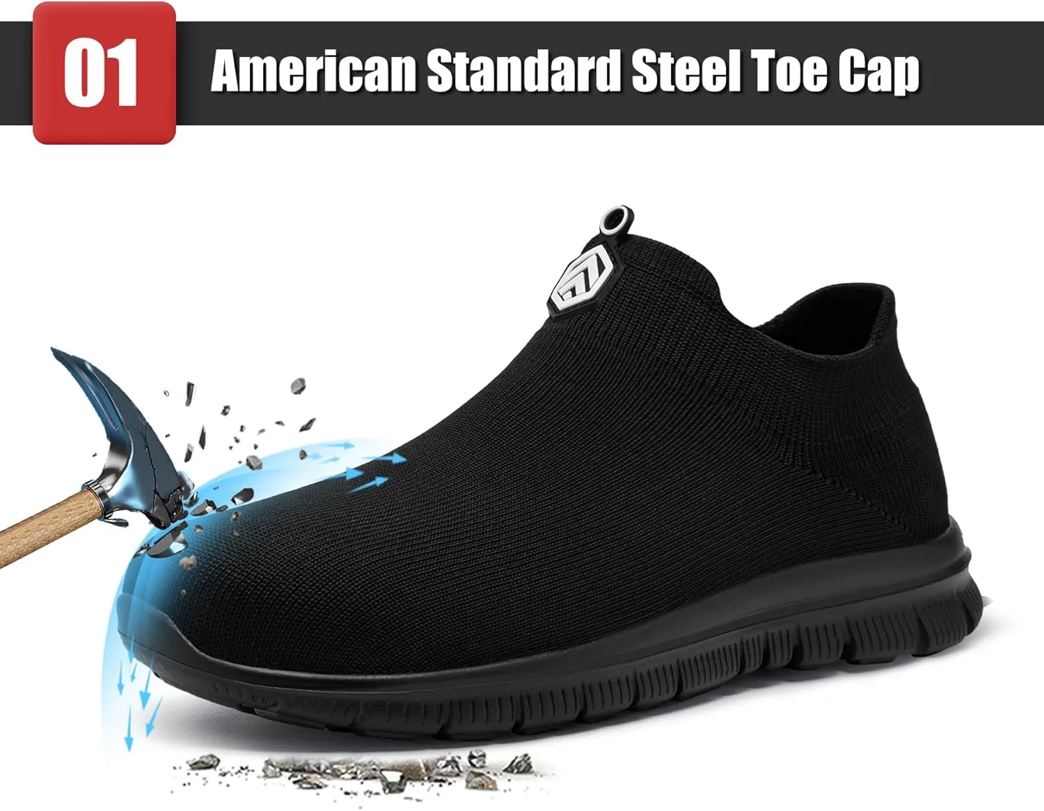 LARNMERN Slip On Steel Toe Shoes Men Women Safety Work Shoes Wide Lightweight Comfortable Walking Sneakers Construction Running Tennis Footwear Casual Loafers,Black