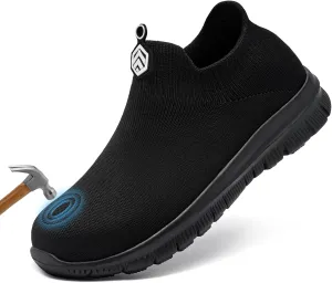 LARNMERN Slip On Steel Toe Shoes Men Women Safety Work Shoes Wide Lightweight Comfortable Walking Sneakers Construction Running Tennis Footwear Casual Loafers,Black
